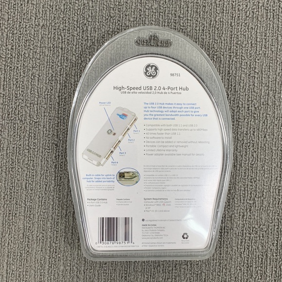 GE High Speed USB 2.0 4-Port Hub Built in Cable #98751 New Factory Sealed - Picture 9 of 13